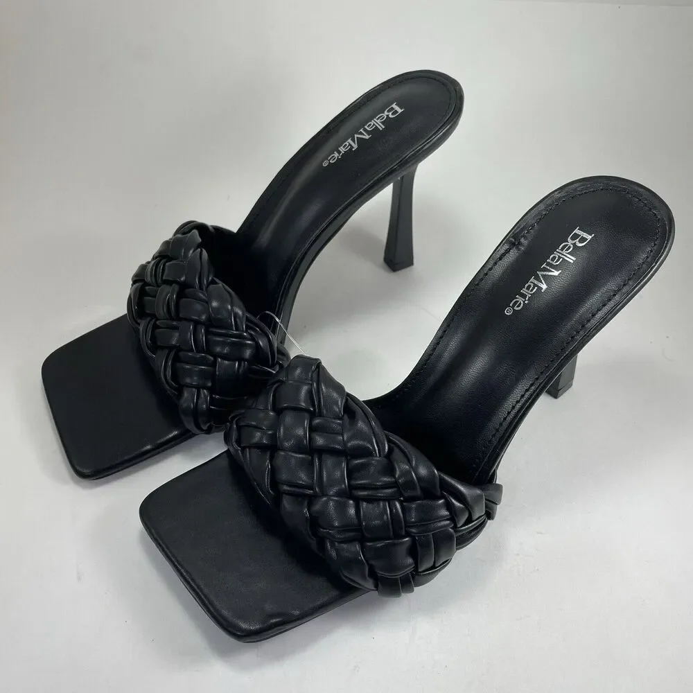 Braided Vegan Leather Square Toe Sandals 4” Womens 6/8.5/9 Black Bella Marie New